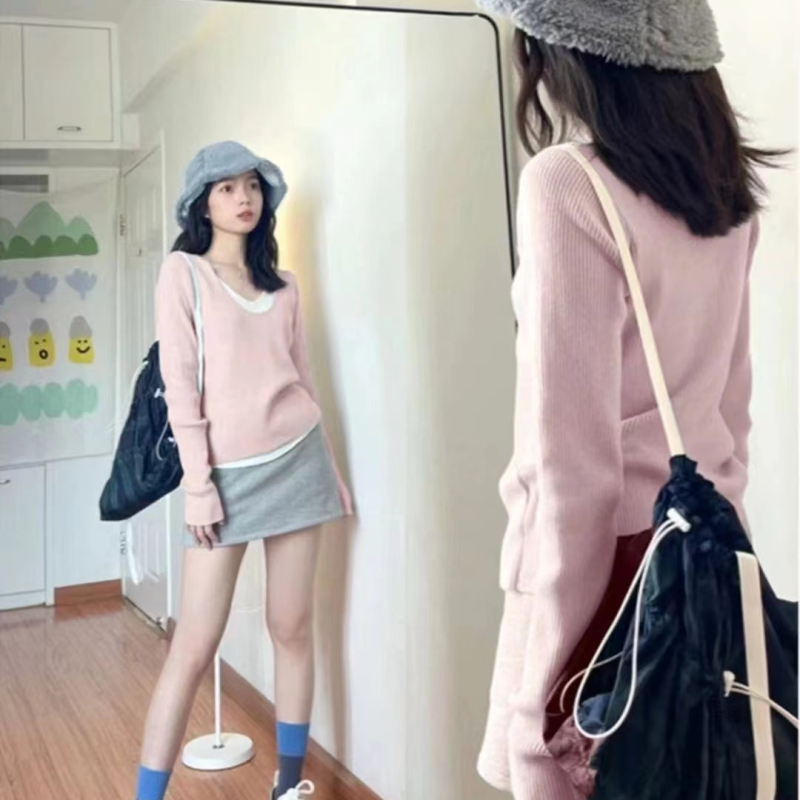 Shipped Fake two-piece outfit inner bottom shirt long-sleeved top for women early autumn knitted sweater