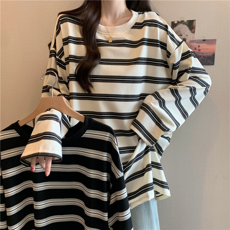 Large size women's fashionable and versatile loose and slim mid-length striped long-sleeved top