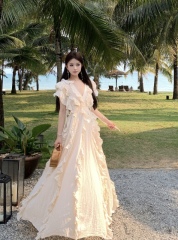 French romantic new style v-neck fungus seaside vacation style skirt