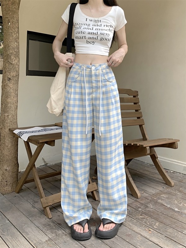 Small and fresh blue and white plaid oversize wide-leg pants for women's popular draped straight-leg floor pants