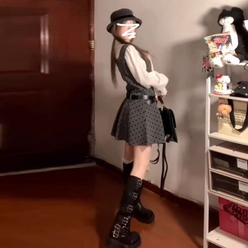 Xiaoxiang Academy Fengbo Point Strap Dress Women's Spring and Autumn New French Shirt Temperament Set