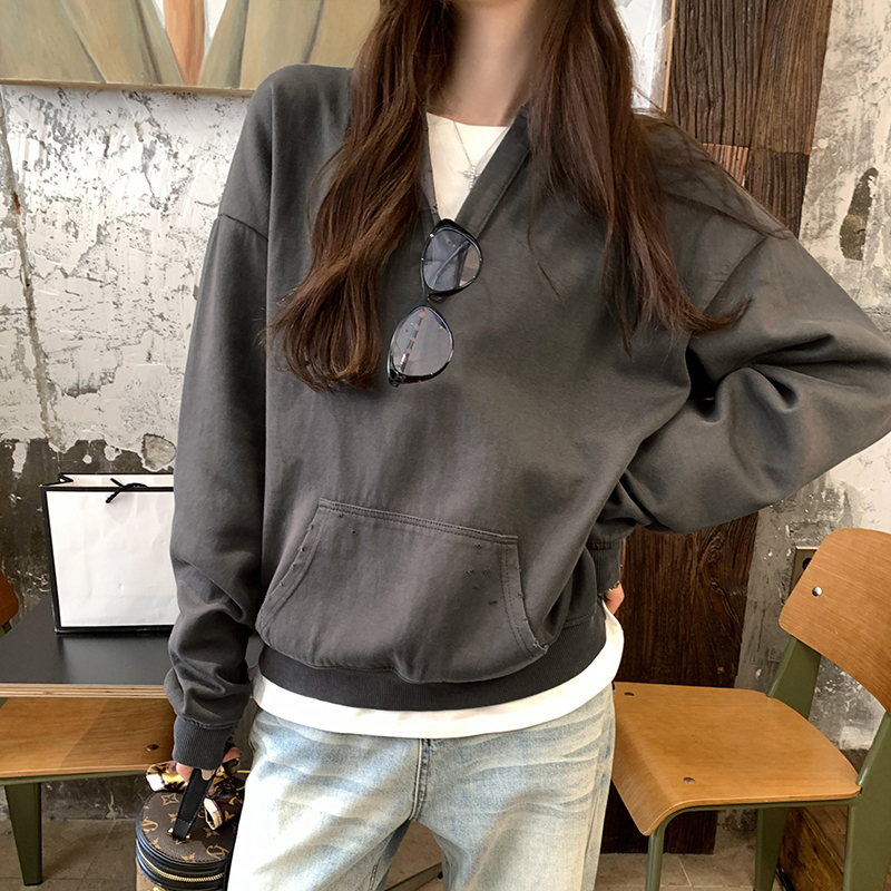 oversize loose lazy style gray hooded top