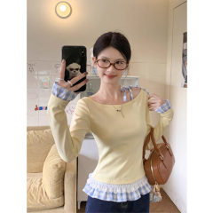 Yellow fake two-piece base shirt for women's spring style small slim lace long-sleeved top