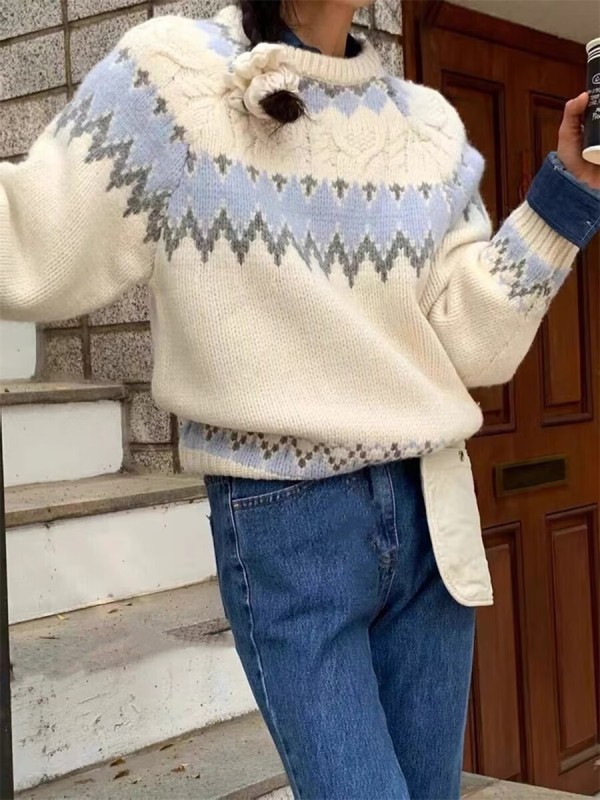 New spring and autumn style Maillard dress retro Korean versatile diamond pullover long-sleeved sweater