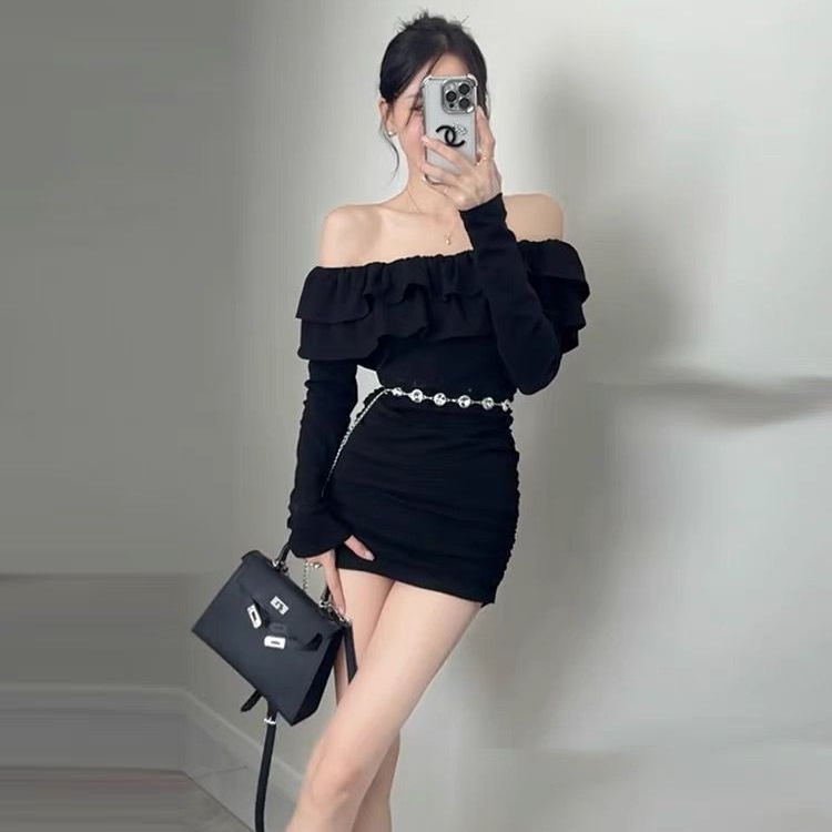 Autumn design without belt pleated slim short skirt with hot girl sexy one-length new slim lotus leaf collar dress temperament
