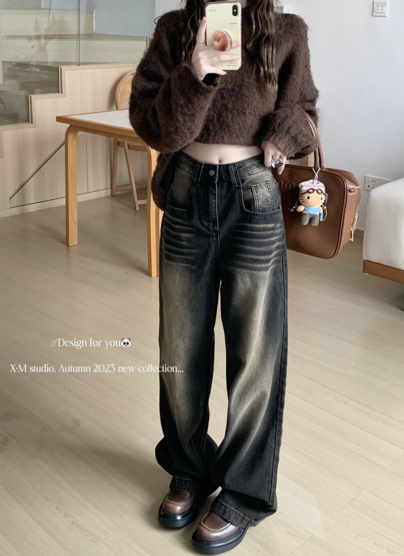 Autumn straight wide-leg floor-sliding high-waisted jeans