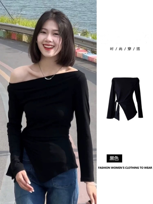 Korean hot girl waist-hugging black off-shoulder long-sleeved T-shirt for women in early autumn small irregular lace-up short top