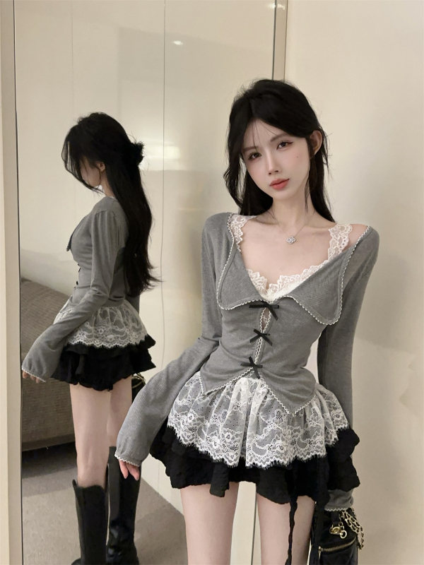 Bow hollow cardigan pure lace shirt top suspender vest women's suit