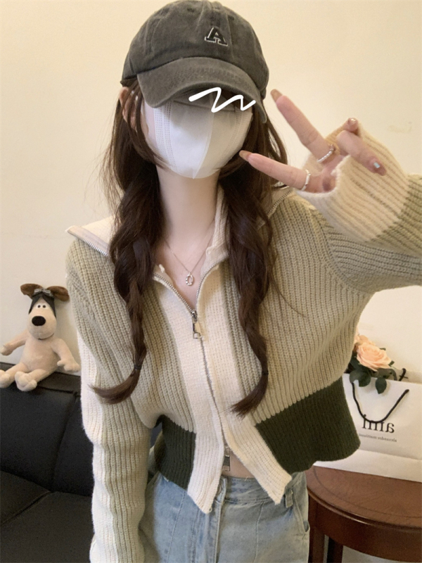 Contrasting lazy style sweater jacket autumn and winter design zipper knitted cardigan short top
