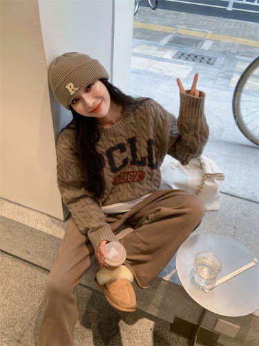 Letter printing loose Korean style versatile knitted sweater for women