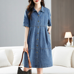 High-end retro POLO neck denim dress for women in summer fashion loose slim and fashionable casual midi skirt