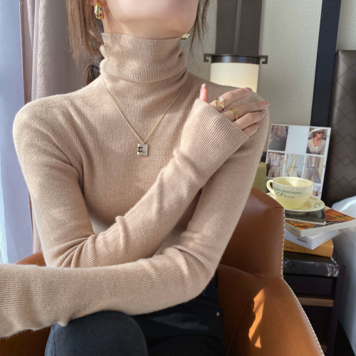 Blue cashmere turtleneck sweater for women in autumn and winter new high-end top knitted pile collar base shirt