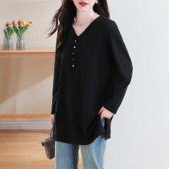 Fashionable and elegant V-neck large size Chinese style color palette button top mid-length style