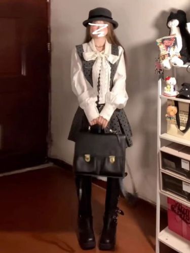 Xiaoxiang Academy Fengbo Point Strap Dress Women's Spring and Autumn New French Shirt Temperament Set