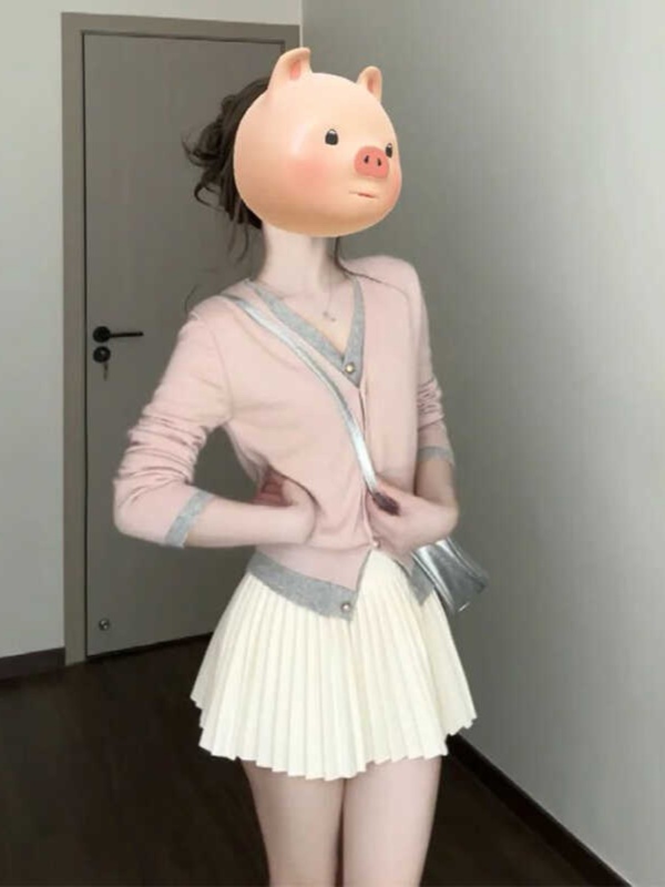 Contrasting color fake two-piece V-neck knitted cardigan for women Korean style high-end pink sweater