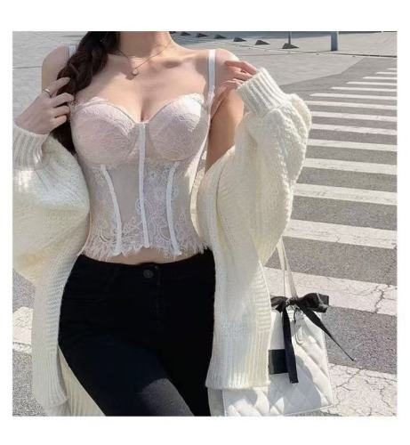 French small suspender vest suit sexy beautiful strap chest pad fishbone lace top