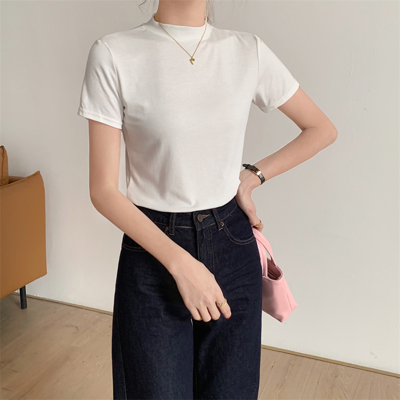New Korean version of summer simple and versatile small stand collar pure cotton T-shirt half high neck casual solid color short sleeves