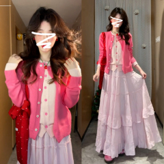 New Korean fake two-piece pink knitted cardigan jacket for women in autumn and winter underwear sweater short top