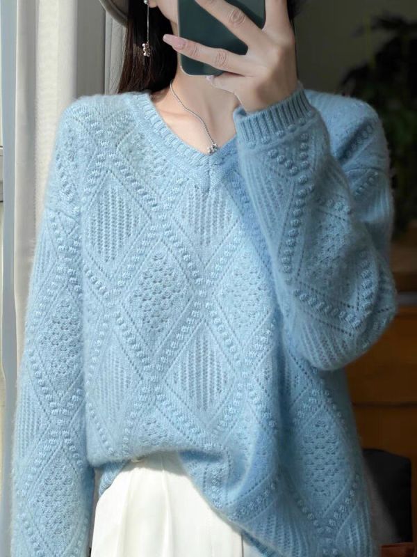 Women's thickened long-sleeved sweater diamond jacquard lazy style sweater