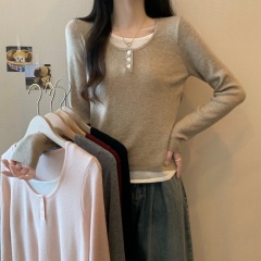 Two-piece round neck slim bottom knit sweater for women with slim long sleeves