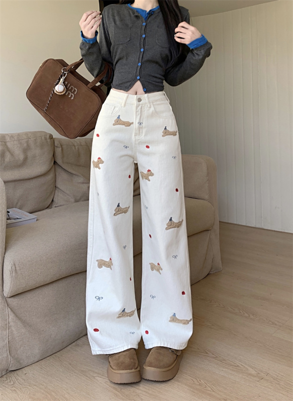Fun puppy embroidered jeans floor pants for women spring loose wide-leg pants trousers