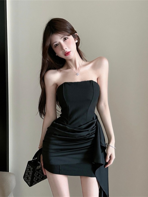 Satin-split fish bone strapless French dress