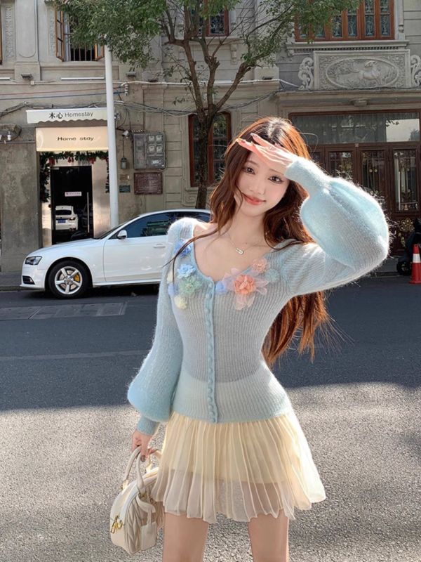 Mohair, romantic, gentle and soft knitted cardigan, women's three-dimensional heavy-work flower slim sweater