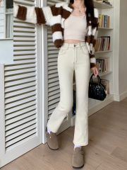 Women's straight jeans with beige and high waist, autumn and winter elastic slimming nine-point cigarette pipe small