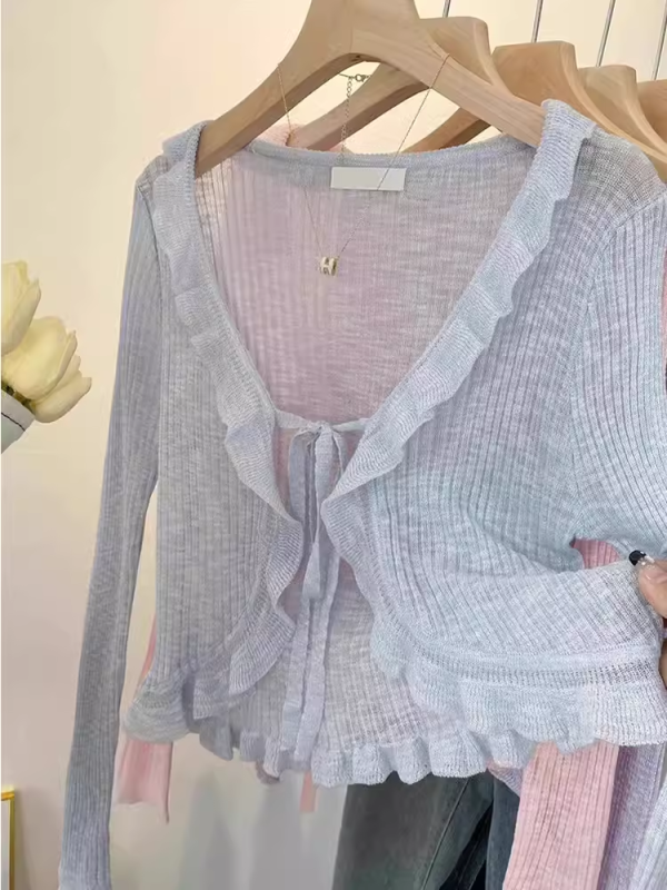 Black black earrings ice silk sunscreen cardigan for women in autumn and winter thin jacket suspender skirt with knitted shirt short top