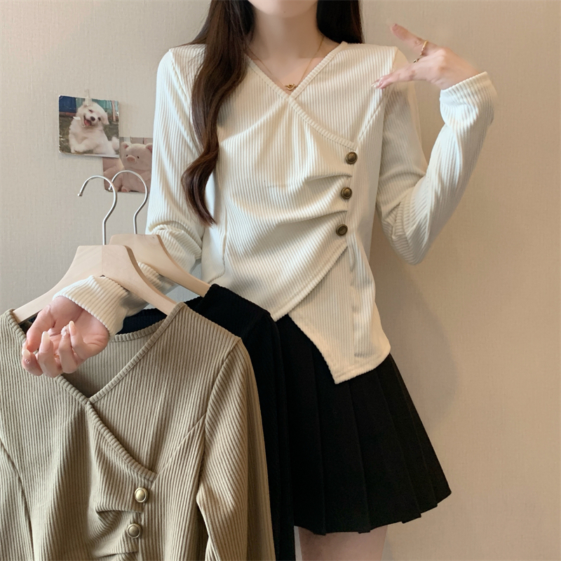 Large size women's spring new style fashionable asymmetric pleated single-breasted long-sleeved top