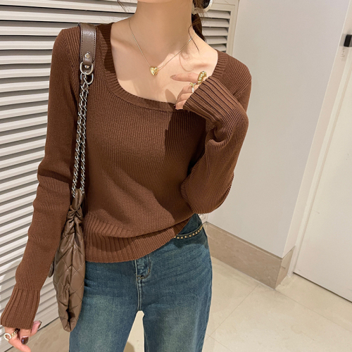 Gray square collar knitted base shirt for women in spring and autumn new low-neck sweater slim-fitting small fragrance top