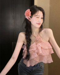 Rose design halter with suspender vest for women's sweet and spicy navel top summer