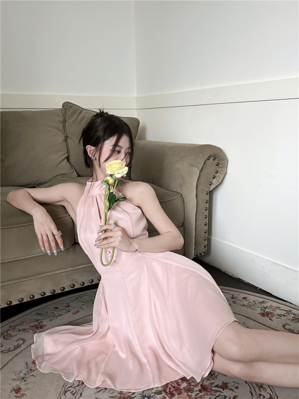 Pure horn neck ribbon skirt pink sweet hot girl scheming sexy sleeveless short dress