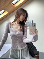 Korean fake two-piece purple knitted base shirt for women early autumn chic sweet hot girl lace lace short top