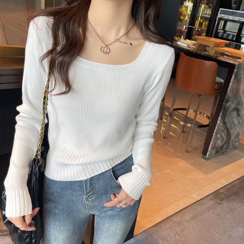 Gray square collar knitted base shirt for women in spring and autumn new low-neck sweater slim-fitting small fragrance top