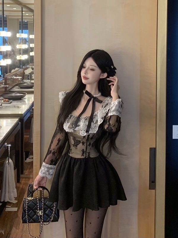 New style dress French lace spliced ​​black short skirt