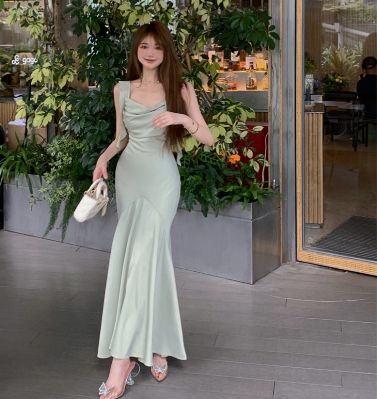 Zhao Lusi suspender satin dress summer new temperament fairy skirt fishtail niche design sense