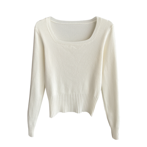 Gray square collar knitted base shirt for women in spring and autumn new low-neck sweater slim-fitting small fragrance top