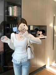 French V-neck lace lace sweater for women in spring gentle style slim base shirt pullover top