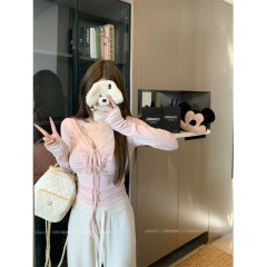 Shipped Pure V-neck lace strap bow T-shirt base shirt for women's winter slim long-sleeved top