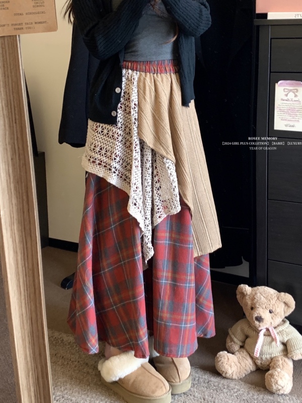 Retro niche irregular design lace spliced ​​plaid high waist long skirt