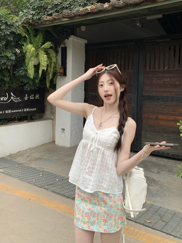 Fresh floral short skirt A-line hip skirt/sling vest