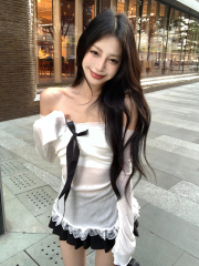 Original one-shoulder mesh long-sleeved ballet style bow-off shoulder cute sweet girl top