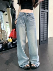 Autumn straight wide-leg floor-slide pocket jeans