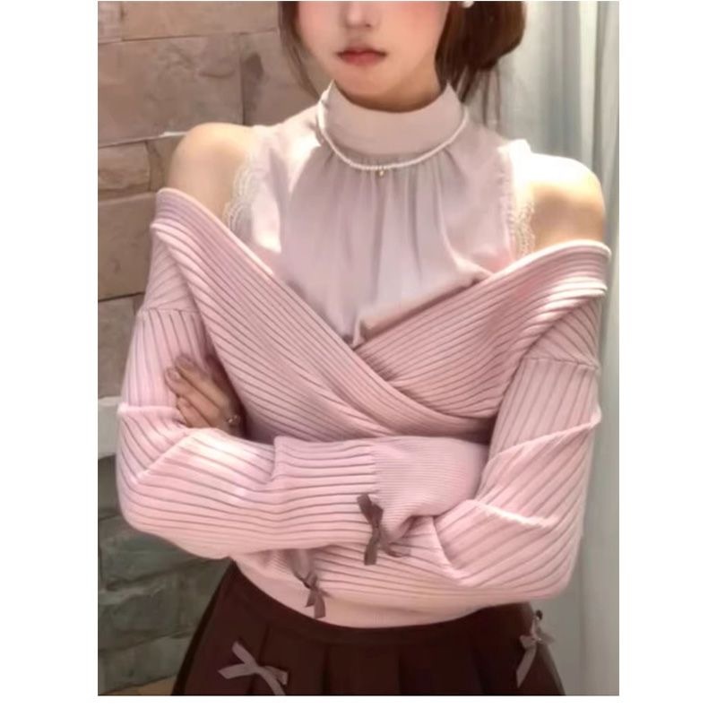 Pure sexy hot girl pink one-shoulder fake two-piece sweater for women in autumn new sweet slim fit slim splicing sweater