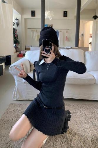 Design-sensual fake two-piece shirt collar slim long-sleeved knitted dress with belt