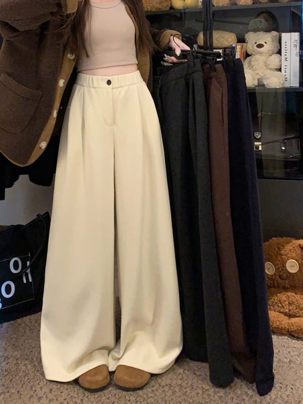 Thickened cashmere casual pants for autumn and winter women's high waist straight trousers wide-leg pants draped floor trousers long trousers