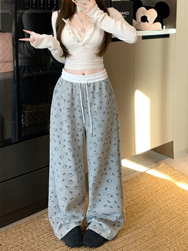 Lazy style sweet and spicy cat printed wide-leg pants for women's elastic waist contrast color plus velvet thick floor pants
