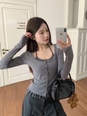 Lace fake two-piece bottoming shirt autumn bm style slim and versatile contrast top