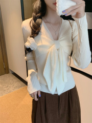 Long-sleeved soft glutinous sweater for women with bows and slim fit thick sweater base shirt top